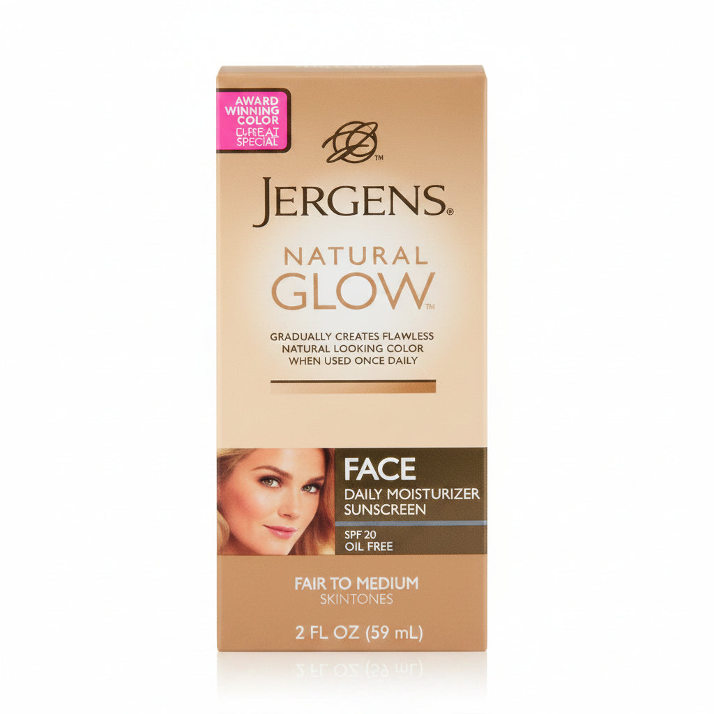 Jergens Glow Face Moisturizer Self Tanner Daily Sunscreen - SPF 20 - 2 fl oz - Fair To Medium: Hypoallergenic, Noncomedogenic, Oil-Free, Paraben-Free