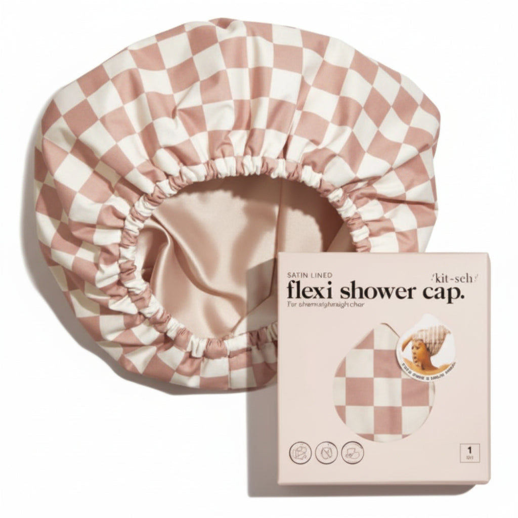 Kitsch Satin Lined Flexi Shower Cap - Terracotta Checker: Securing Hair, For All Hair Types