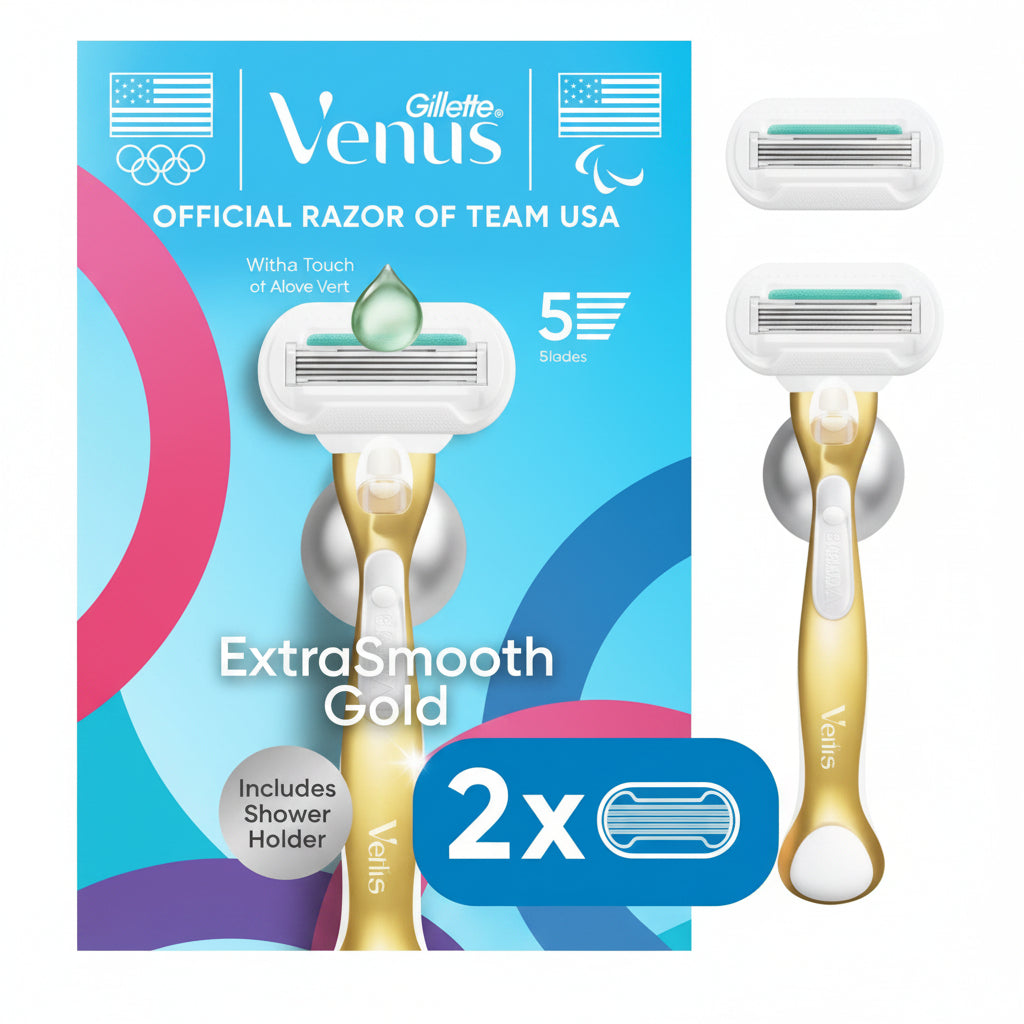 Venus Extra Smooth Gold 5-Blade Women's Razor with 2 Razor Blade Refills and Shower Holder: Legs, Under Arm Use, All Skin Types