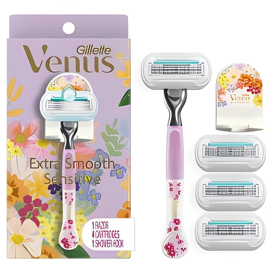 Rifle Paper Co. + Venus Extra Smooth Sensitive Women's Razor Handle, 4 Razor Blade Refills and Shower Holder