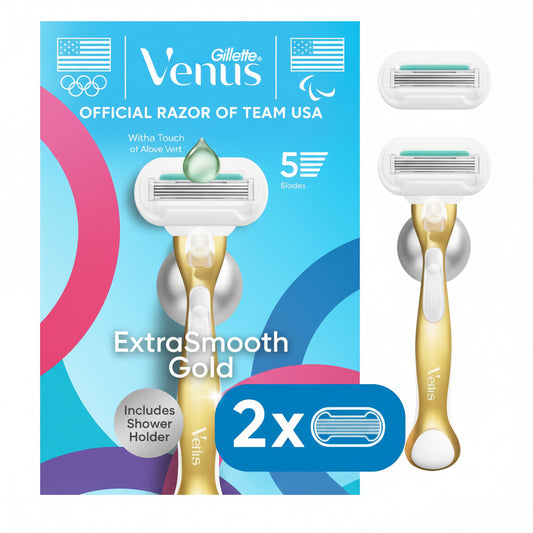 Venus Extra Smooth Gold 5-Blade Women's Razor with 2 Razor Blade Refills and Shower Holder: Legs, Under Arm Use, All Skin Types