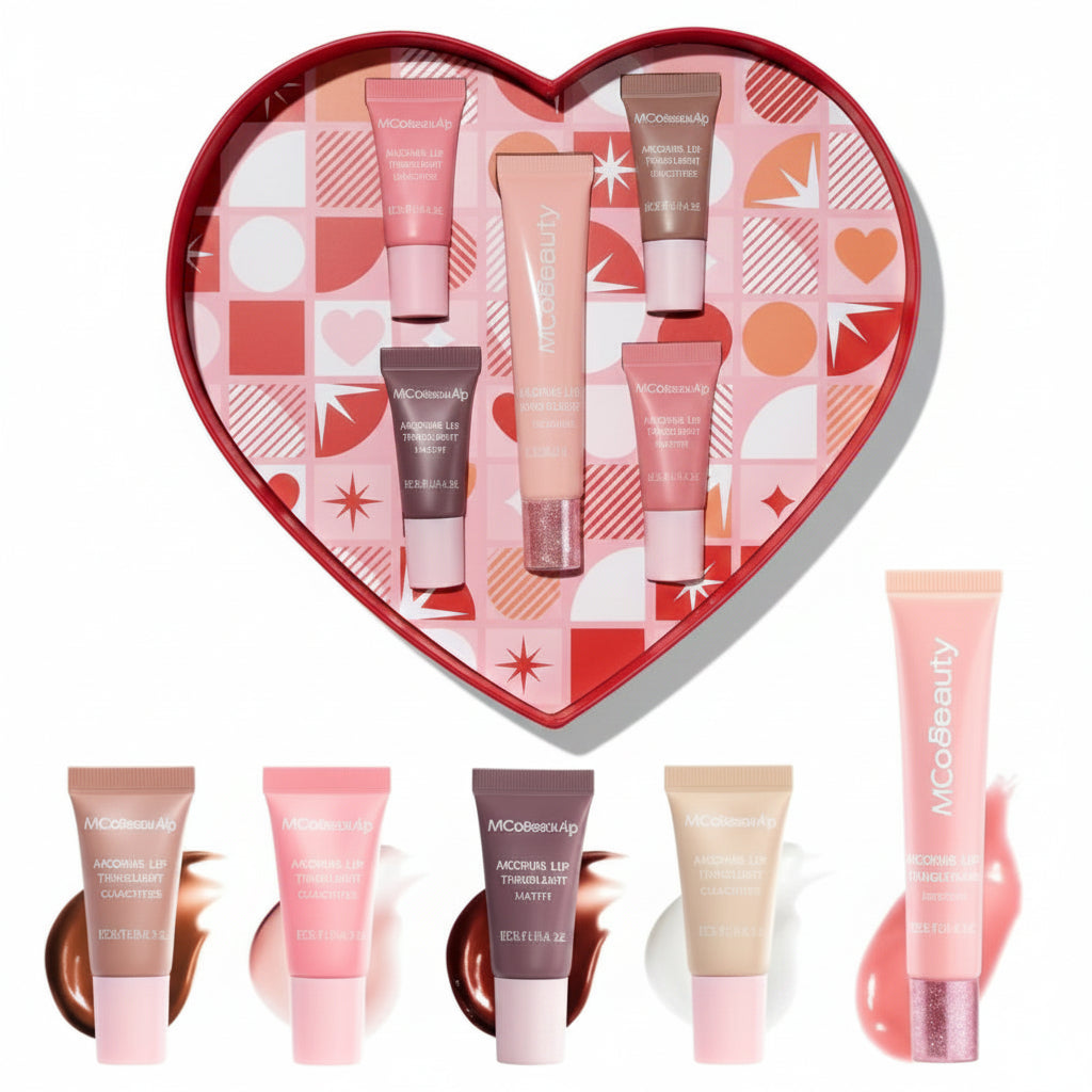 MCoBeauty Lips to Love Heart Shape Box - 5pc: Moisturizing, Lip Makeup, Gel, Light Tones