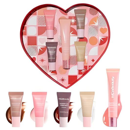 MCoBeauty Lips to Love Heart Shape Box - 5pc: Moisturizing, Lip Makeup, Gel, Light Tones